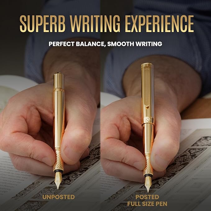 Scriveiner Gold Luxury Fountain Pen (Fine) - Award Winning - Heavy Pocket Stunning Luxury Pen, Real Gold Plating, German Nib & Converter, Nice Gift Pens for Men & Women
