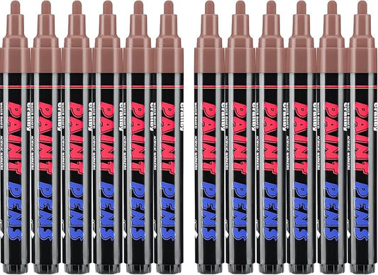 Craiiby Brown Paint Pens Paint Markers - 12 Pack Permanent Quick Dry Waterproof Marker Pens for Rocks Wood Fabric Plastic Canvas Glass Mugs Metal Tire Stone