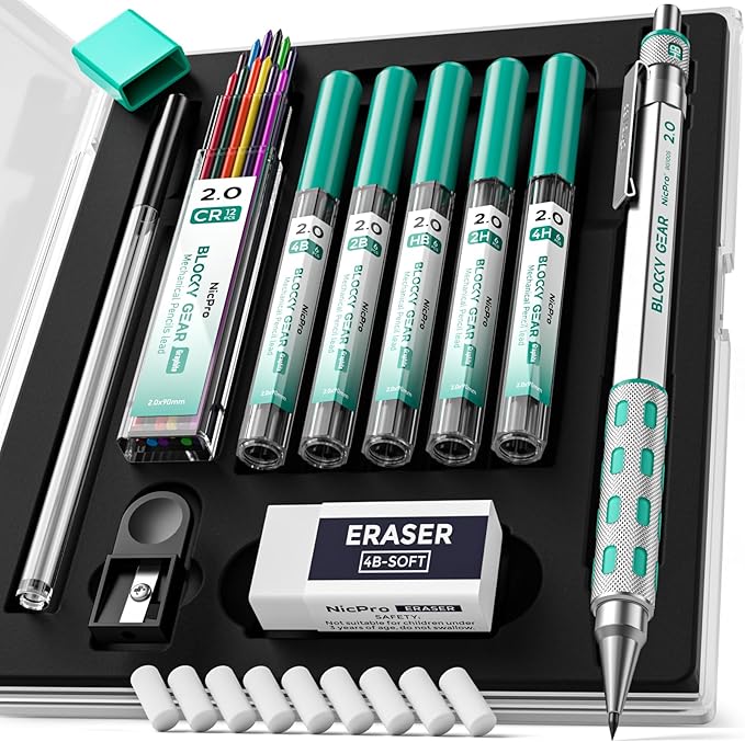 Nicpro Blocky Gear 2.0 mm Mechanical Pencils Set in Case, Metal Pencil with 6 Tubes 2mm Lead Refill (HB 2B 2H 4B 4H & Colors) Sharpeners, Eraser for Professional & Adult Art Writing Drafting Drawing