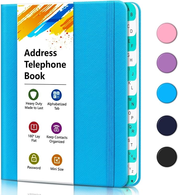 Address Book with Alphabetical Tabs, Hardcover Telephone Book, Hardback Cover Small Portable Address Book-Record Contacts, Special Dates and Internet Login Passwords, 6.1x4.7" -Blue