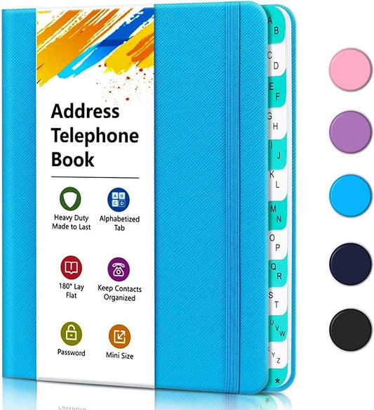 Address Book with Alphabetical Tabs, Hardcover Telephone Book, Hardback Cover Small Portable Address Book-Record Contacts, Special Dates and Internet Login Passwords, 6.1x4.7" -Blue