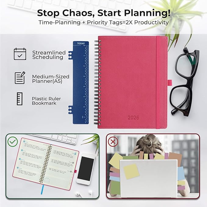 IN-LUXPRO Planner 2026 Daily Weekly and Monthly,8.5"x6.5",12 Months Spiral Bound Calendar Agenda with Self-adhesive Pen Holder,2026 Appointment Book with Vegan Leather Soft Cover,Rose Red