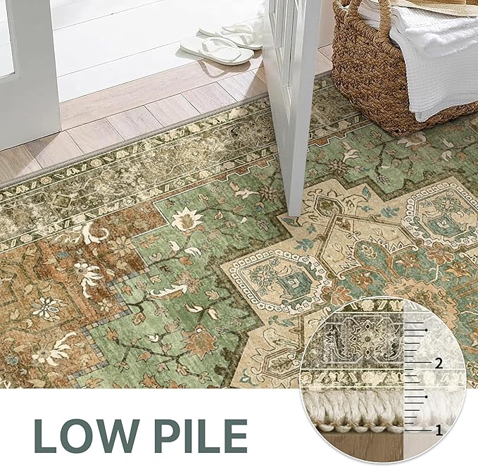 GENIMO 5x7 Area Rugs for Living Room, Machine Washable Rug, Non Slip Indoor Vintage Rug, Low Pile Lightweight Chenille Print Carpet for Bedroom Dining Room Home Office, Muted Green Brown