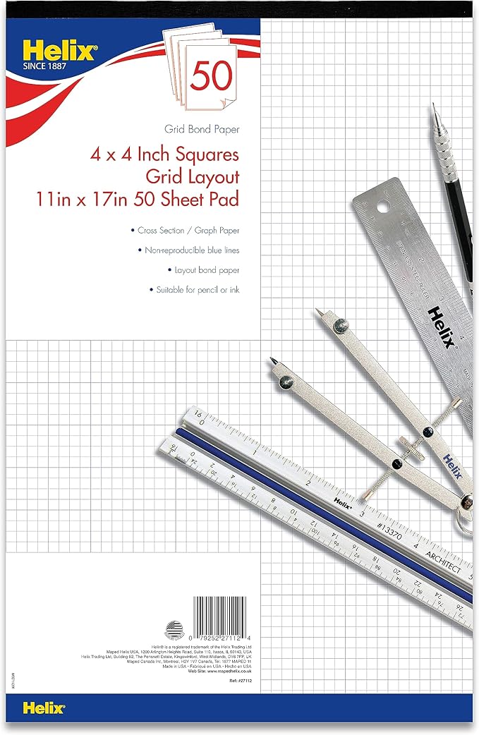 Helix - Bond Paper Pad - 1 Inch Equals 4x4 Grid - 11 Inch x 17 Inch - 50 Sheet Pad - Acid-Free - Drafting, Art, Sketching and Tracing