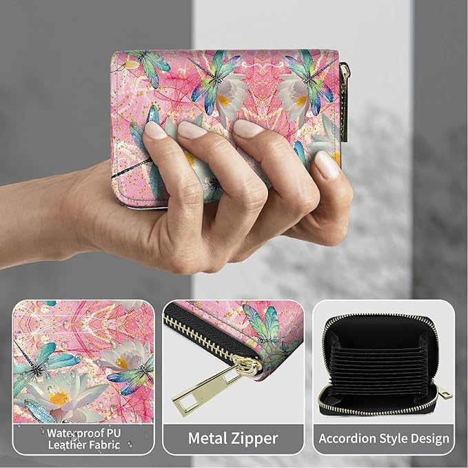 BWEGRHE Cute Credit Card Holder with Zipper, Pink Dragonfly RFID-Blocking Card Case Small Wallet for Women Men, Multi-slot Card Organizer Case Travel Accordion Wallet