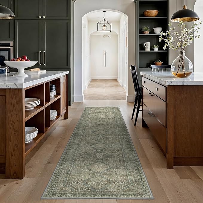 GENIMO Runner Rug 2x10 Non Slip Machine Washable Hallway Runner Rug, Low Pile Lightweight Rugs for Entryway, Hallway, Kitchen and Corridor, Sage/Blue