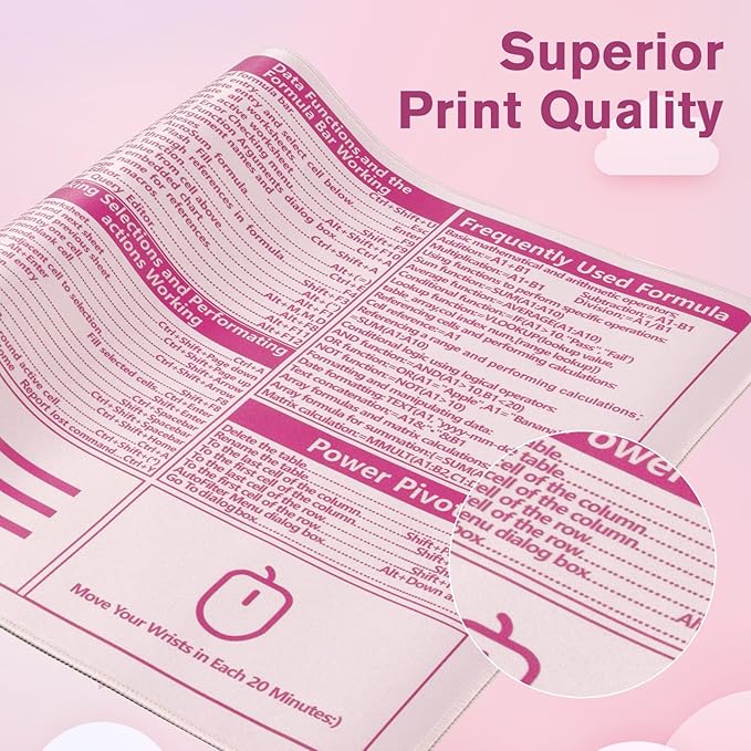 iCasso Excel Cheat Sheet Desk Pad,Excel Mouse Pad Shortcuts,Excel Shortcuts Cheat Sheet Keyboard Mat, Extended Large XXL Non-Slip Mousepad with Stitched Edges for Computer(Pink Excel Shortcuts)