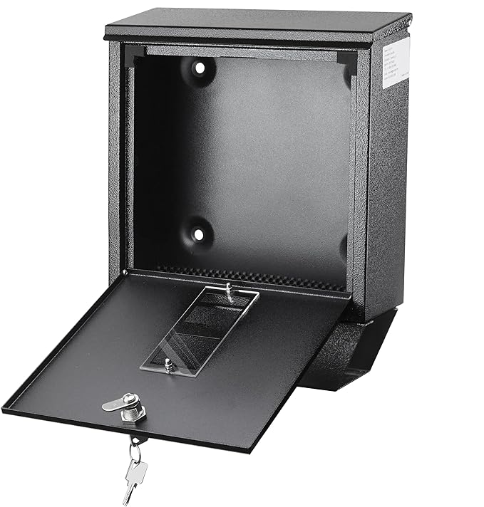POCHAR Wall Mount Mailbox with Lock - Rainproof Galvanized Steel Locking Mailbox for Outside with Newspaper Compartment - Modern Mail Box for Residential or Commercial Use, Black