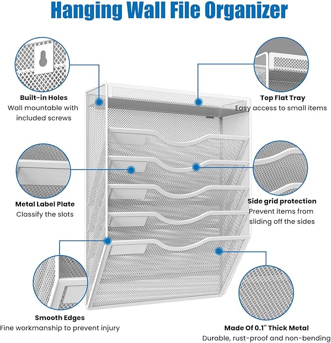 KZWKRG 6 Tier Wall File Organizer Hanging Vertical File Organizer, Wall Mounted Mail Paper Document Folder Holder, Mesh Magazine Rack Mail Document Organizer for Office School Home