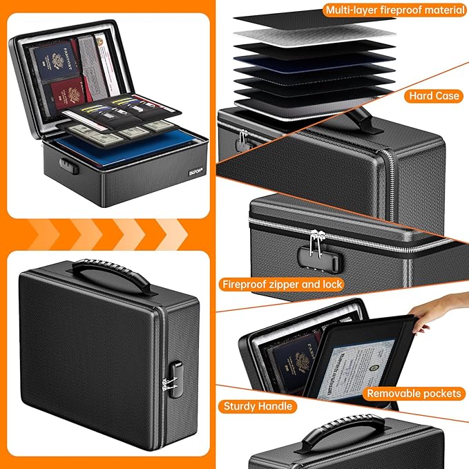 ENGPOW Fireproof Document Box, Hard Case File Box with Fireproof Zipper＆Lock, 6400°F Heat Insulated Fire and Water Resistant Portable File Organizer Storage Home Safe for Documents Laptop Cash Black
