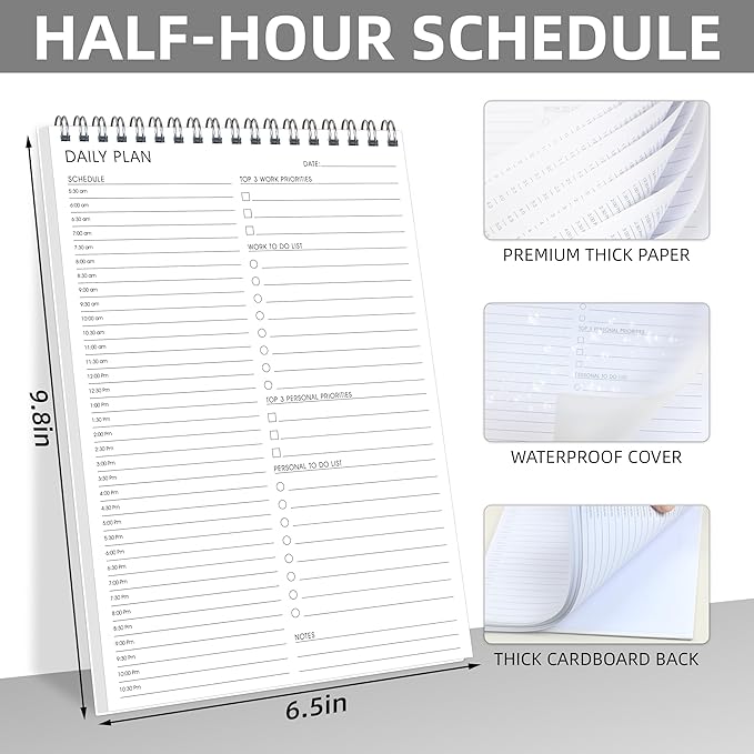 To Do List Notepad Half-Hour Hourly Schedules - Daily Planner Notepad Undated 52 Sheets Tear Off, 6.5" x 9.8" Planning Pad Checklist Productivity Note Pad for Work and Personal Organized