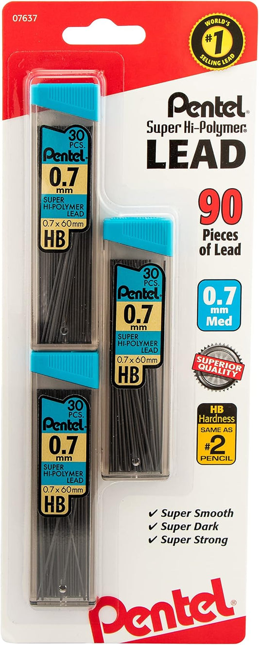 Pentel C27BPHB3K6 Super Hi-Polymer Lead Refills, 0.7mm, HB, Black, 30 per Tube (Pack of 3 Tubes)