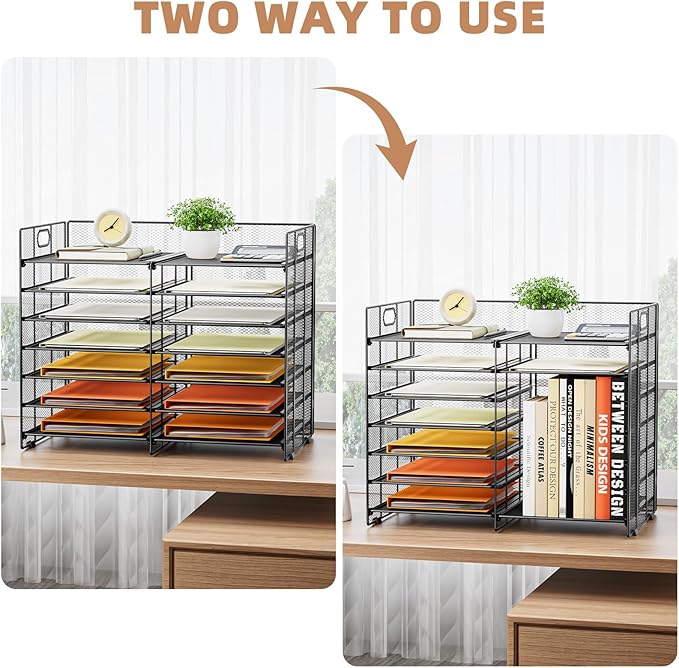 Marbrasse Desktop Literature Organizer, 12 Compartments Mesh Paper Organizer Desk Organizers, Adjustable File Sorter Mail Center Paper Storage Cabinet Classroom Mailbox for Office Home School, Black