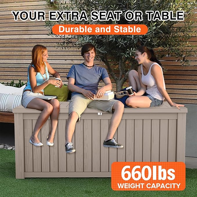 EasyUp 180 Gallon Deck Boxes Waterproof, Outdoor Large Storage Boxes with Lids, Outside Resin Storage Box & Deck Boxes for Patio, Garden Use(Gray)