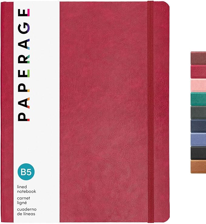PAPERAGE Softcover Lined Journal Notebook (Red), 176 Pages, Large B5 College Ruled Notebook, 7.5 inches x 9.8 inches - 100 GSM Thick Premium Paper, Soft Vegan Leather Journal for Home, Work & School