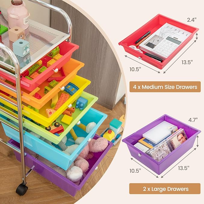 RELAX4LIFE 6-Drawer Rolling Storage Cart - Classroom Organization on Wheels w/Removable Plastic Drawers, Mobile Art Craft Cart for School Paper Home Office, Utility Cart with Drawers (Multicolor)