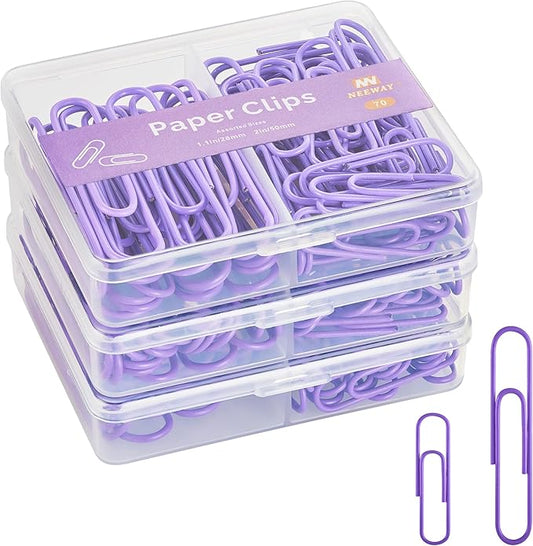 NEEWAY Colorful Paper Clips Assorted Sizes, Small and Large Paperclips, 210 Count, 3 Pack of 70 (Purple)