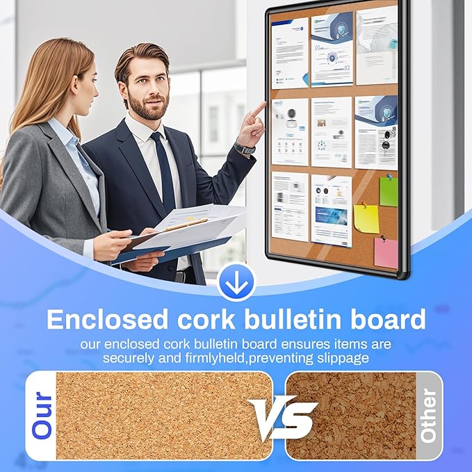 Magula 36"x24" Enclosed Bulletin Board Tamper-Proof Dispaly Case, Black Aluminium Frame, Shatter Resistant Lockable Bulletin Board, Enclosed Cork Board for School, Office,Commercial,Hospital etc