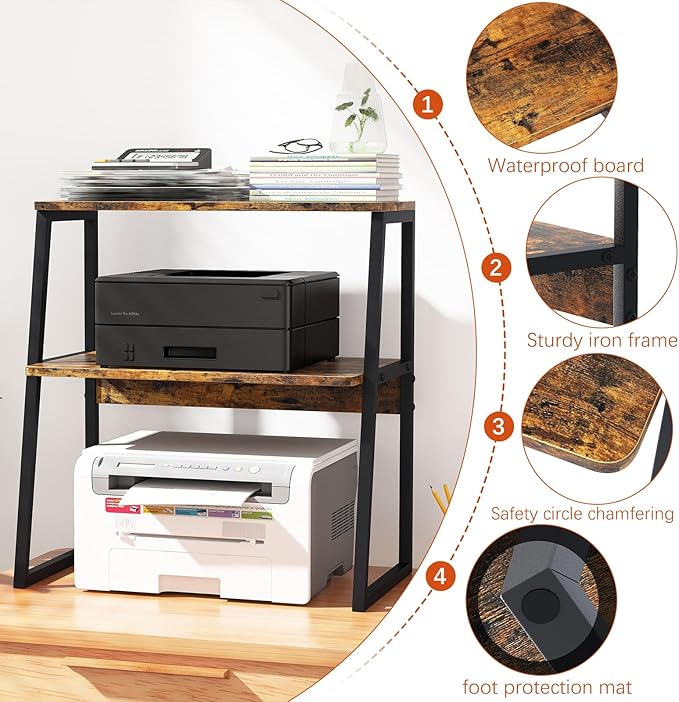 Arbuxzuy Printer Stand for Desk, Desktop Printer Shelf, 3 Tier Desk Shelf for top of Desk, Large Printer Stands Office Organization Shelves for Home Office Printer Fax Book, Rustic Brown