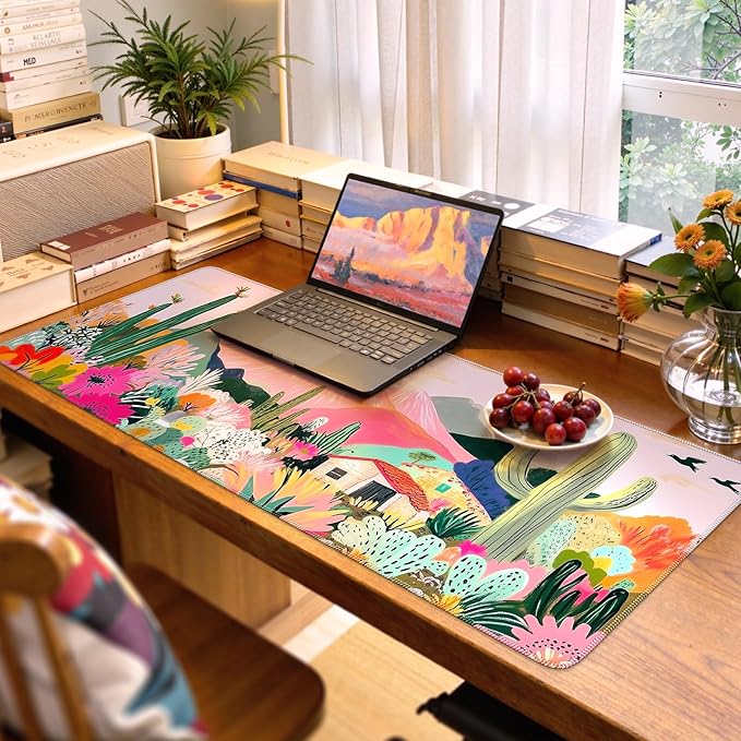 iCasso Large Gaming Mouse Pad (35"x16") - Waterproof Desk Mat with Non-Slip Rubber Base & Stitched Edges - Extended Keyboard Mousepad for Computer, PC, Office, Home Workspace (Cactus)