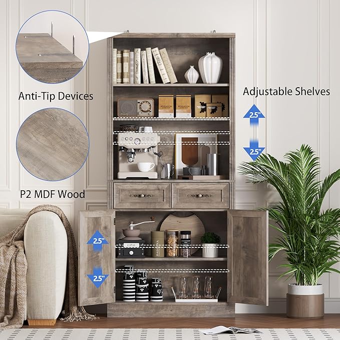 BORNOON 71.4" Tall Bookshelf with Drawers & Cabinet, 5-Tier Floor Standing Bookcase with Storage Doors, Adjustable Shelves & Metal Handles, 31.5" Wide Organizer for Home Office, Living Room