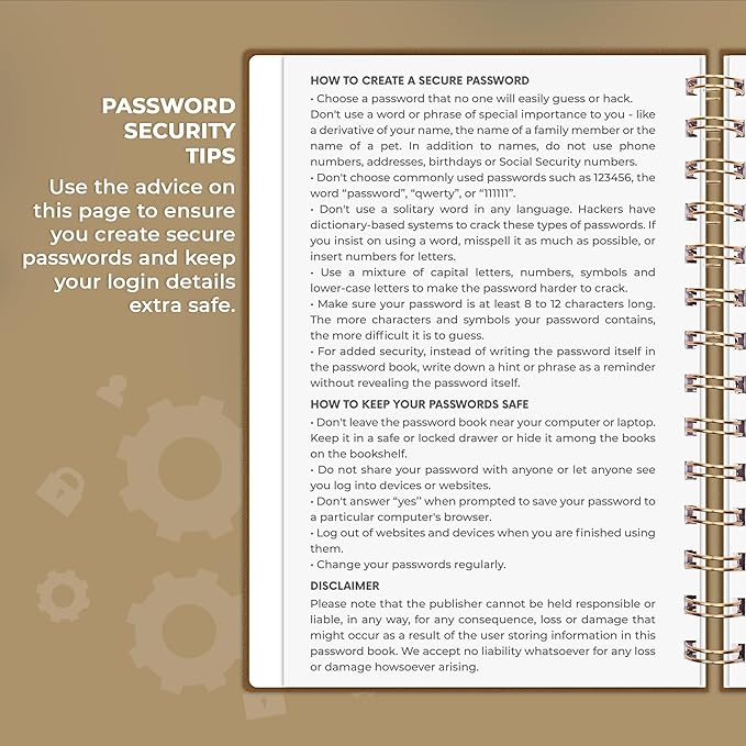 Clever Fox Password Book Spiral – Internet Address & Password Organizer with Laminated Alphabetical Tabs – Password Keeper Journal – Hardcover, Medium Size, 6.1x7.7” (Brown)