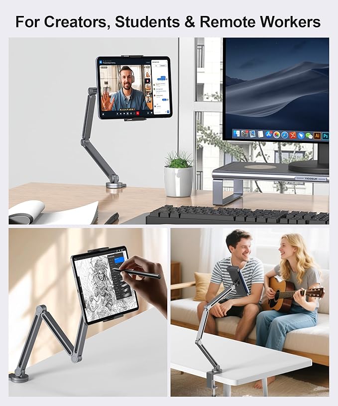 YICOSUN Tablet Arm Mount with Super Grip, Adjustable Foldable Holder & Heavy Duty Aluminum 360° Rotating Clamp for iPad, Phone, Monitor, Kindle - Universal for Desk, Bed, Kitchen - Gray