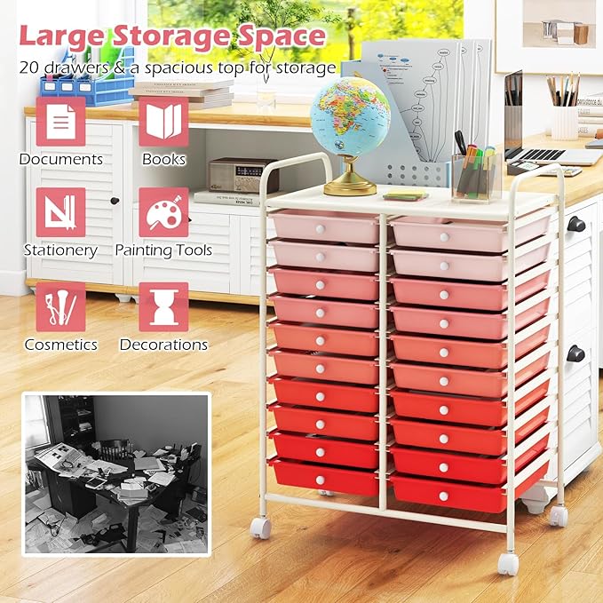 Happygrill 20-Drawer Organizer Cart Tools, Mobile Utility Storage Cart with Removable Drawers & Lockable Wheels, Rolling Storage Cart with wheels for Home Office School(Gradient Pink)