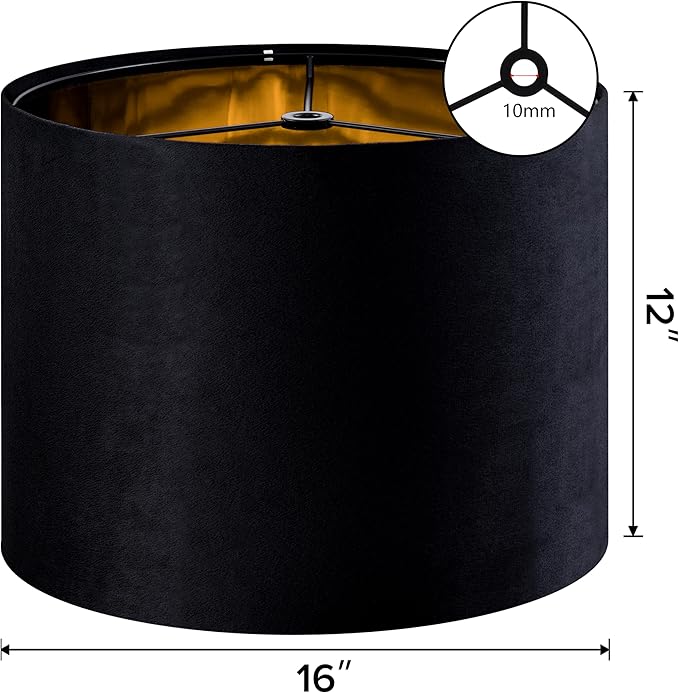 GO&SO Black Velvet Lamp Shades Set of 2 Large Drum Lampshades -16" Top x 16" Bottom x 12" High(Spider) Traditional Fabric Lamp Shade for Table Lamps - Replacement Lampshade - Assembly Required