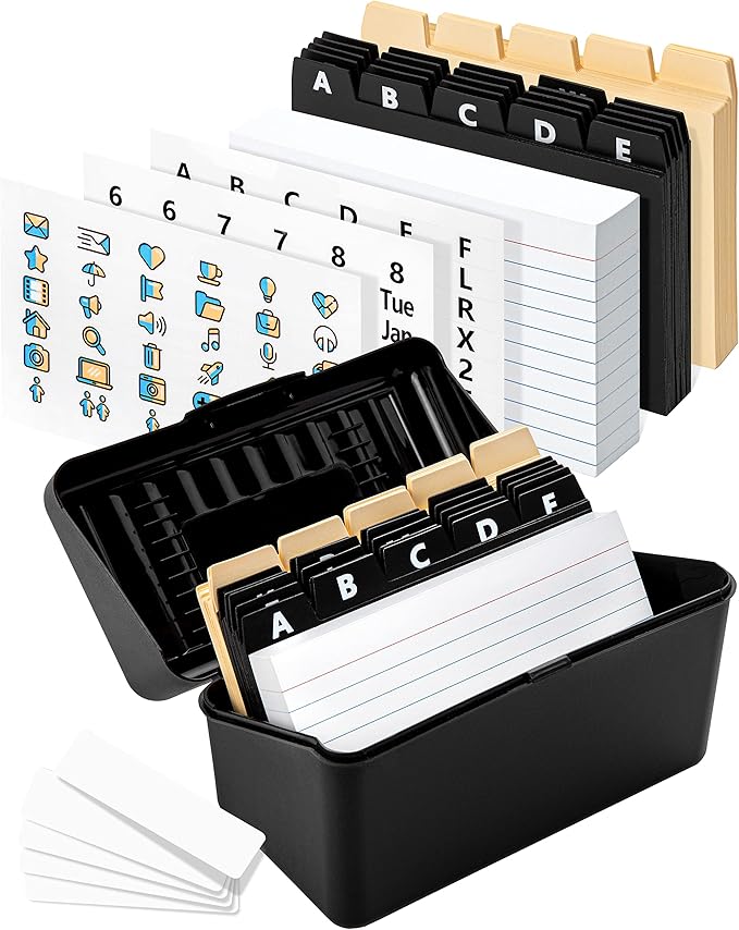OFFILICIOUS Black Index Card Holder 4x6 - Index Card Box With Index Dividers, Ruled Cards & Stickers - Recipe & Flash Card Holder Box Organizer