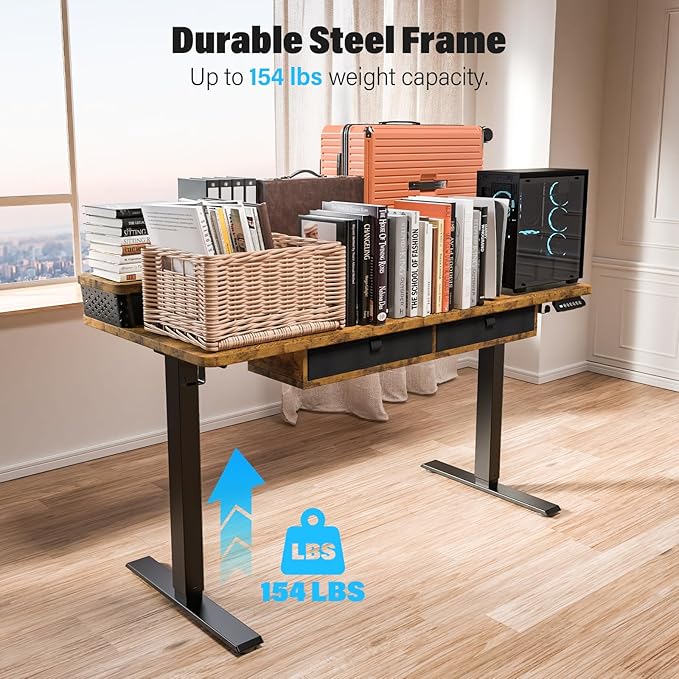 Kingant 55 x 24 Inch Electric Standing Desk with 4 Drawers, Height Adjustable Sit to Stand Computer Desk with Storage Shelf and C-Clamp Mount Compatibility for Home Office, Rustic Brown