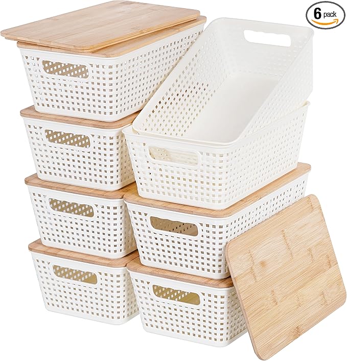 Anywish Storage Bins with Lids 8 Packs, Plastic Storage Bins with Bamboo Lids for Pantry Organization and Storage Containers for Shelves Drawers Desktop Closet Playroom Classroom Office Home, White