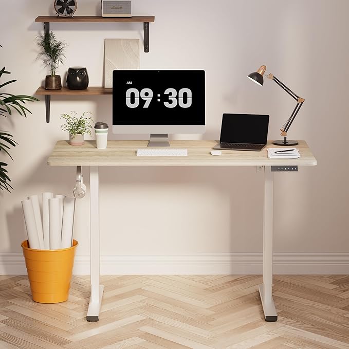 FLEXISPOT EN1 One-Piece Standing Desk, 48"x24" Seamless Desktop Electric Height Adjustable Desk for Home Office, Multi-Monitor Setups & Easy Assembly, White Wood Grain