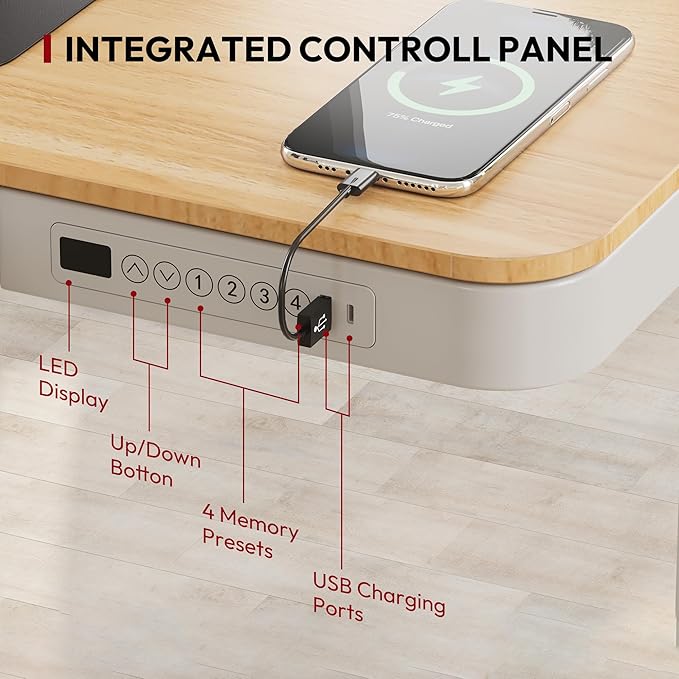 SANODESK Standing Desk with Drawer, Electric Height Adjustable Home Office Desk with Storage & USB Ports, 48 inch Maple Wood Tabletop/White Frame