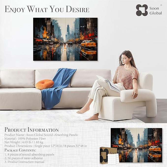 Soon Global 8-Pack Acoustic Panels, Soundproof Wall Panels, 48 X 32 Inches Sound Absorbing Panels, Decorative Acoustical Wall Panels, Acoustic Treatment for Recording Studio, Urban Pulse