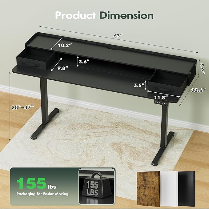 Homall Electric Standing Desk with 2 Drawers, Adjustable Height Computer Desk with Storage Sit Stand Table with Storage Shelf and Splice Board Quick Install for Home Office (Black, 63 Inch)