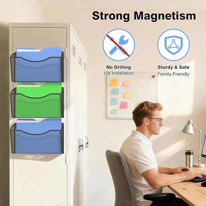 Gawerk Mesh Hanging Wall File Holders, Metal Vertical Wall Basket Mail Organizer for Office/Home (Black, 3 Pack Magnetic)