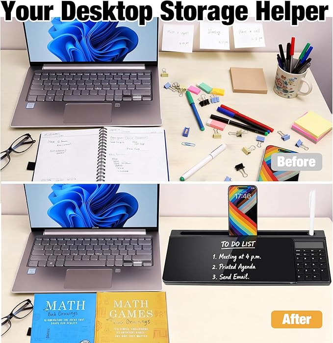 Glass Desktop Whiteboard with Calculator & Storage, Desk Dry Erase Note Memo Board, Compact Desk Organizer for Desk, Office, School Supplies, Black, 2026