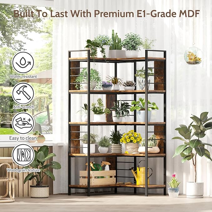 5 Tier Corner Bookshelf, Reversible Corner Shelf, Industrial Wooden Display Book Shelf Stand, L-Shaped Etagere Bookcase with Storage Shelves and Metal Frame for Living Room, Bedroom, Home Office
