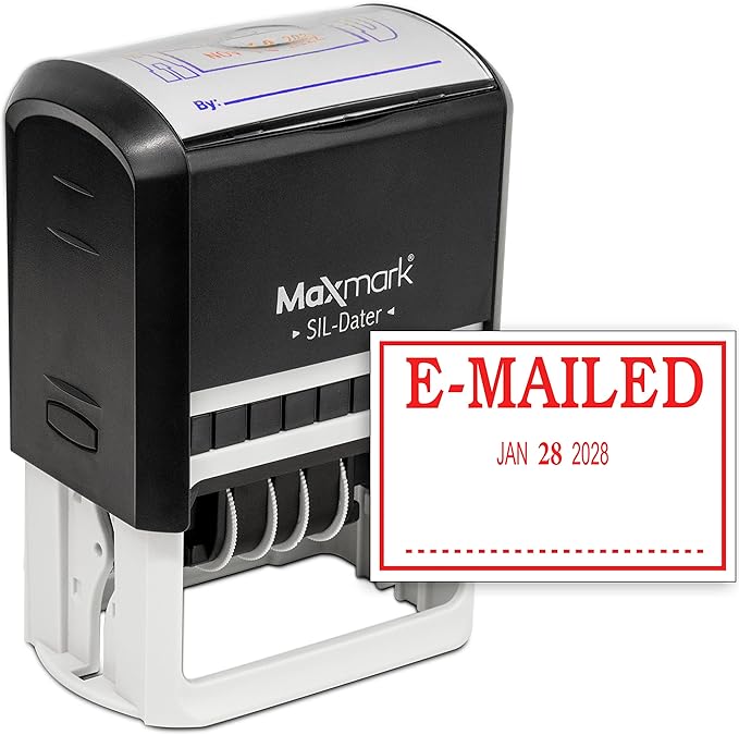 MaxMark Large Self-Inking Rubber Date Office Stamp with E-Mailed Phrase & Date - Red Ink, 12-Year Band - Style 3