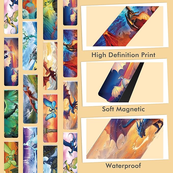 30 Pcs Fire Dragon Magnetic Bookmarks - Dragon Merchandise, Cool Animal Page Book Marker, Waterproof Bookmark as Party Favor, Student Rewards, Book Lover Reading Gifts