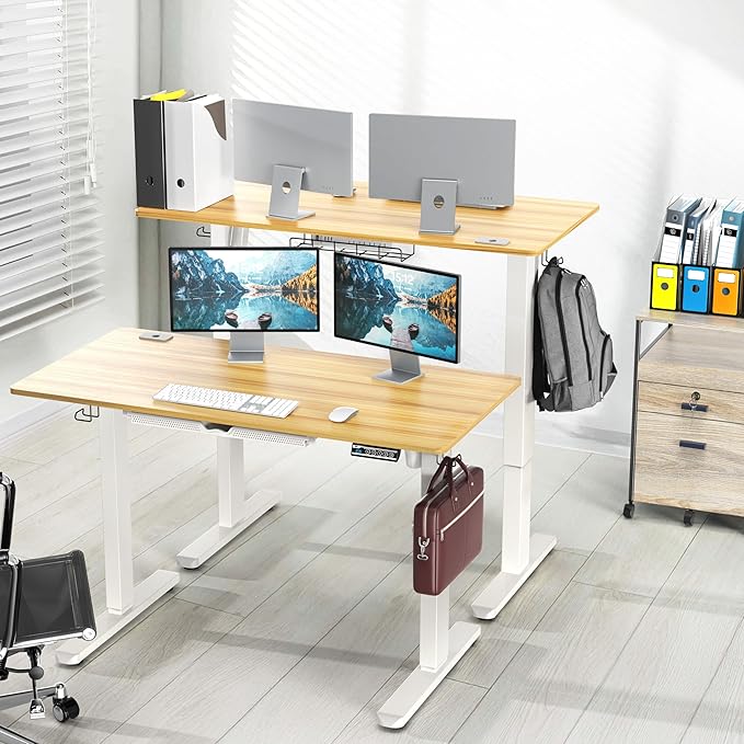 SHW 48-Inch Electric Height Adjustable Standing Desk with Drawer, Memory Preset and Cable Management Tray, Oak