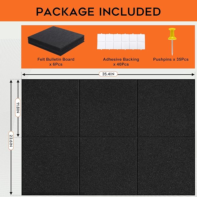 Large Cork Board, Black Bulletin Board 36"x 24", 6 Pack Felt Wall Tiles with 35 Pcs Pushpins, Pin Boards for Office, Home & Classroom