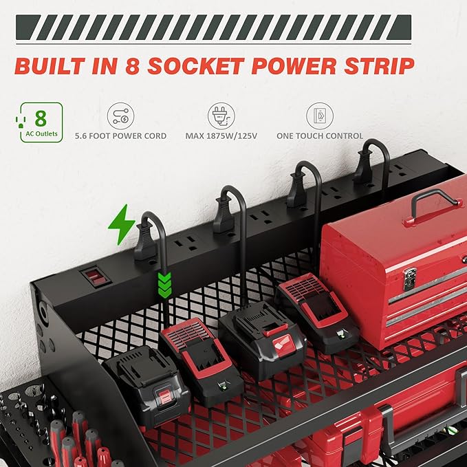 VDEVY Power Tool Organizer Wall Mount with Charging Station, 8 Outlet Heavy Duty Metal Garage Tool Storage Rack, 23 Inch 3 Tier Shelves for Workshop & Garage Organization