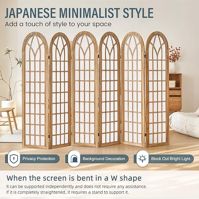 Aletheiawu 6 Panel Room Divider Wall Shoji Screen, Japanese Wood Room Divider for Room Separation, Folding Privacy Screen, Portable Room Partition for Home Office Restaurant - Natural