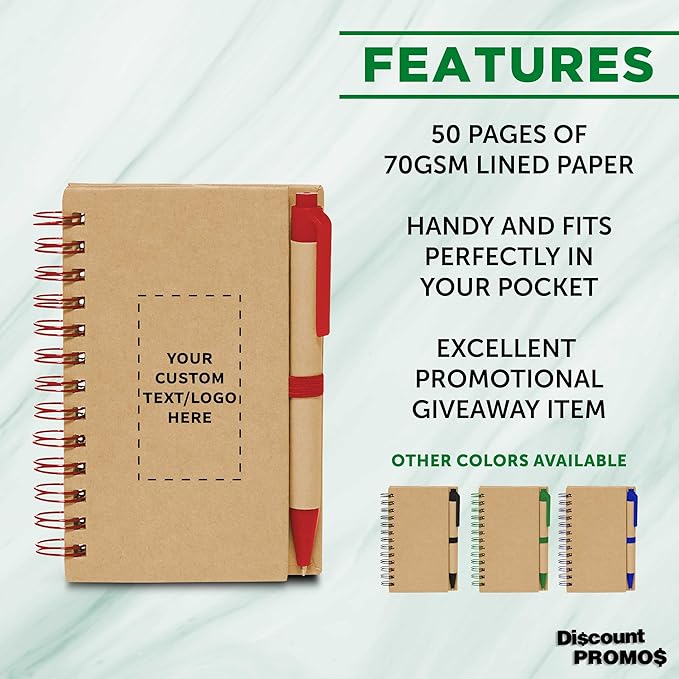 Custom Mini Spiral Notebooks with Black Ink Pens Set of 10/50/100, Personalized Bulk Pack - Perfect for School, Office, Business, Home - Red