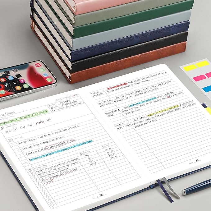 EMSHOI Meeting Notebook for Work with Action Items - 320 Pages B5 Thick Project Planner Agenda Organizer Work Notebook for Women Men Office Business, PU Leather Hardcover, 7.5" x 10", Green