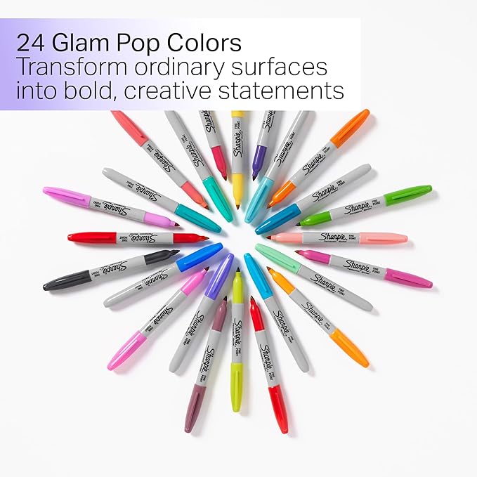 Sharpie Glam Pop Permanent Markers Fine Tip Marker Set Coloring Art Drawing Writing Markers Assorted Colors 24 Count