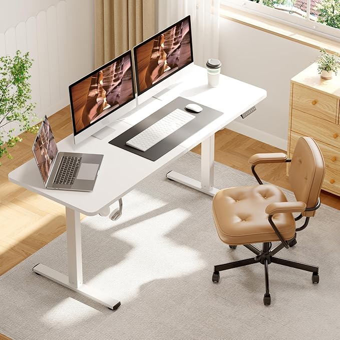 FitStand AdjustableStanding Desk 63 x 24 Inch Home Office Desk with Memory Preset, Computer Workstation Splice White Top Frame