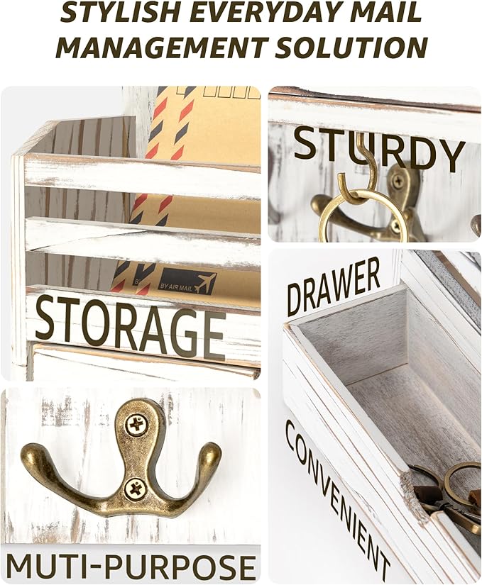 Rebee Vision Farmhouse Mail Organizer Wall Mounted – Rustic Key and Mail Holder for Wall with Drawer Organizer and 7 Key Hooks – Home Organization for Home Decor (Whitewash)